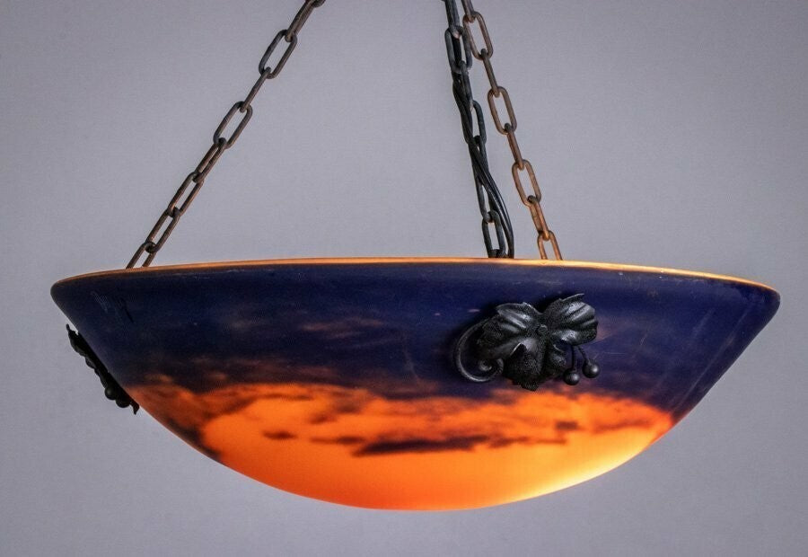 Degue Signed Chandelier Bronze & Art Glass French Art Deco Early 20Th Century