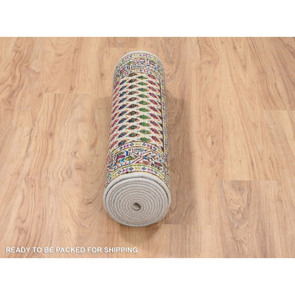 2'5"X12' Beige Saroogh Wool And Sari Silk Hand Knotted Runner Rug