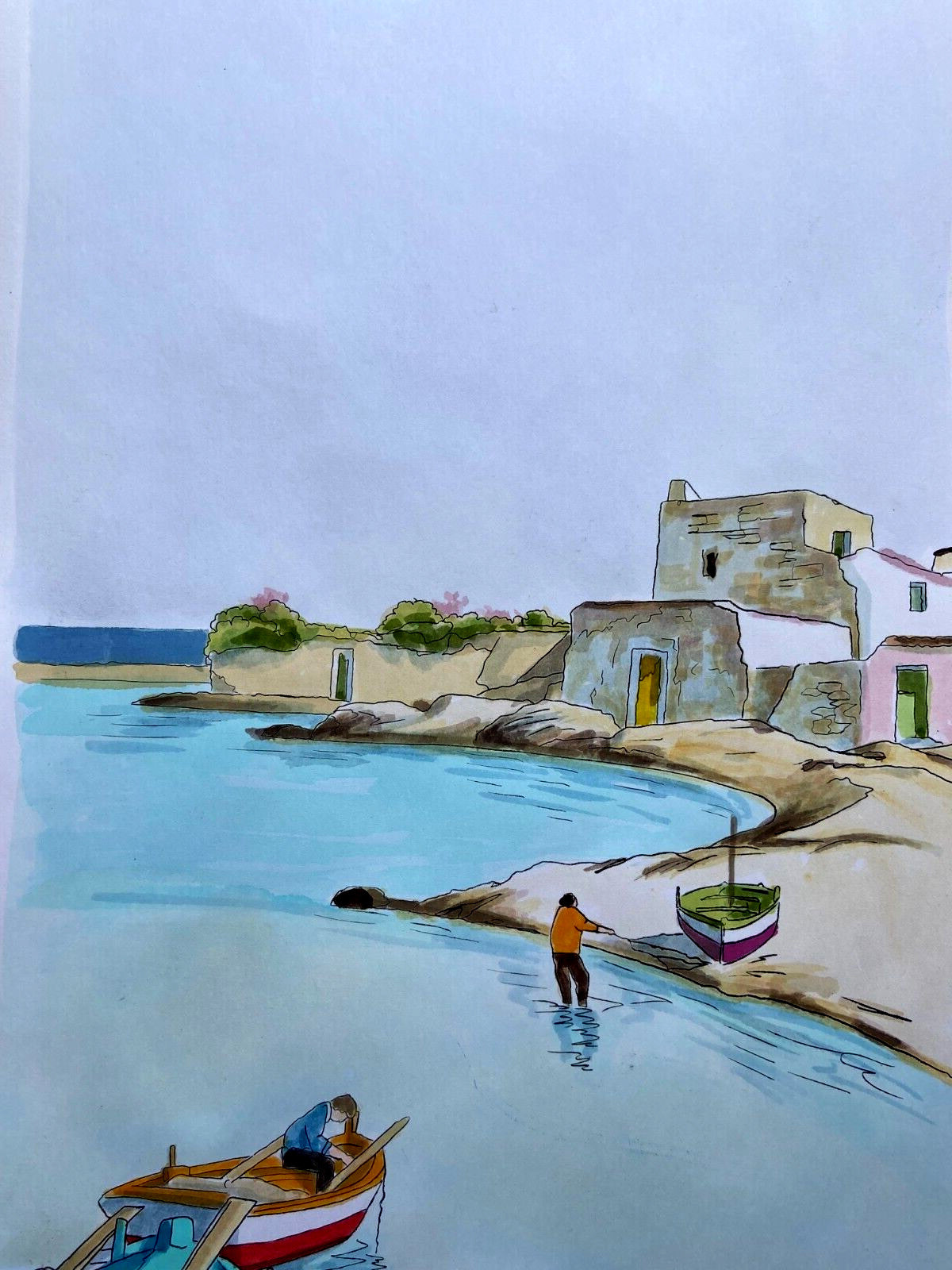 Aldo Riso ''Porticciolo'' Hand Painted 35X100 Authenticated Stamped