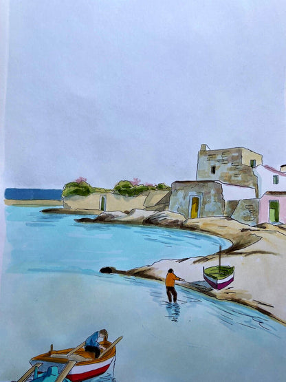 Aldo Riso ''Porticciolo'' Hand Painted 35X100 Authenticated Stamped