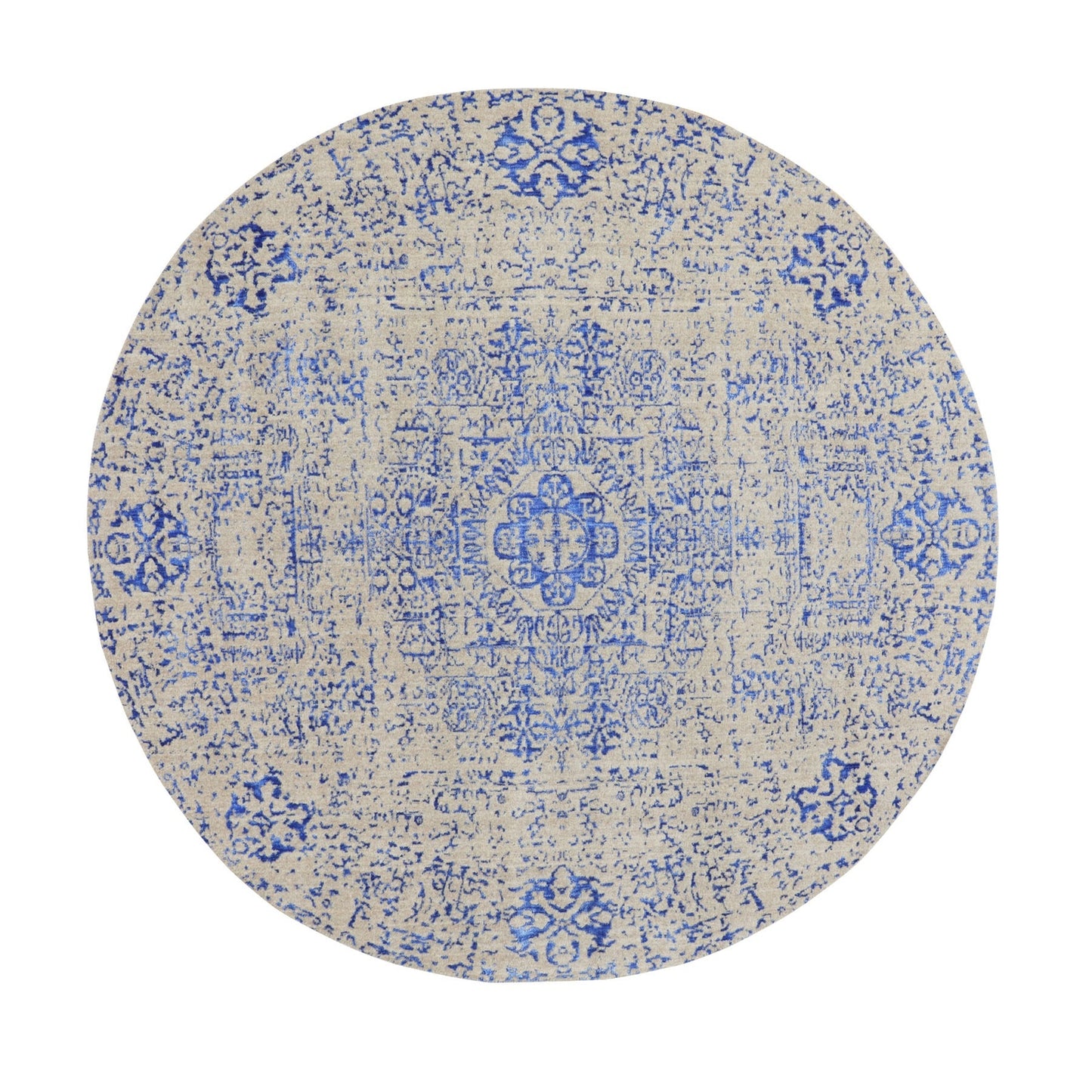 8'X8' Blue Wool And Silk Mamluk Design Jacquard Hand Loomed Round Rug