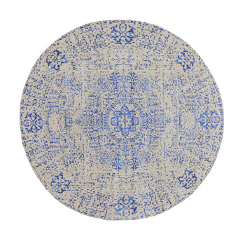 8'X8' Blue Wool And Silk Mamluk Design Jacquard Hand Loomed Round Rug