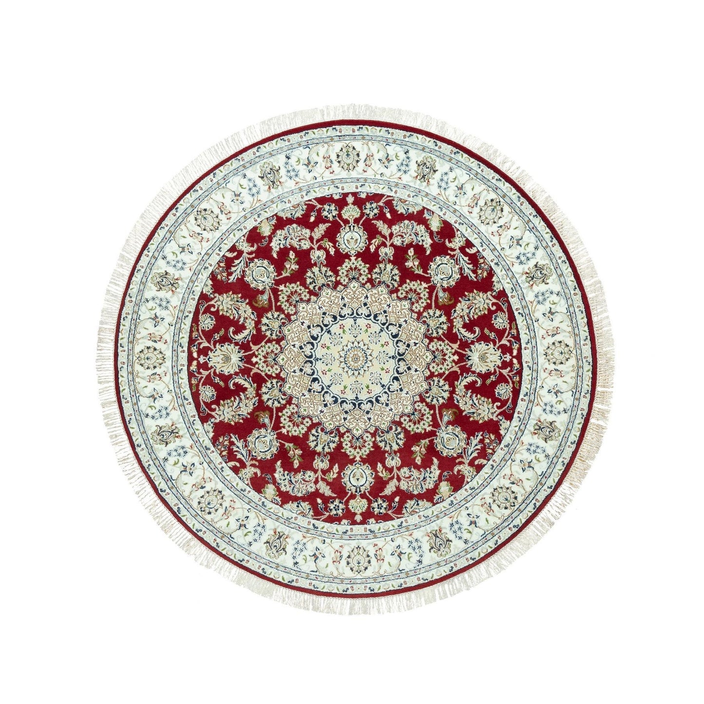 7'X7' Portia Red Hand Knotted Nain 250 Kpsi All Wool Oriental Round Rug