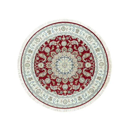 7'X7' Portia Red Hand Knotted Nain 250 Kpsi All Wool Oriental Round Rug
