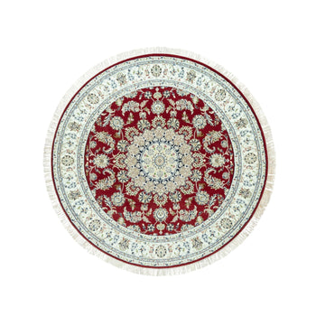 7'X7' Portia Red Hand Knotted Nain 250 Kpsi All Wool Oriental Round Rug