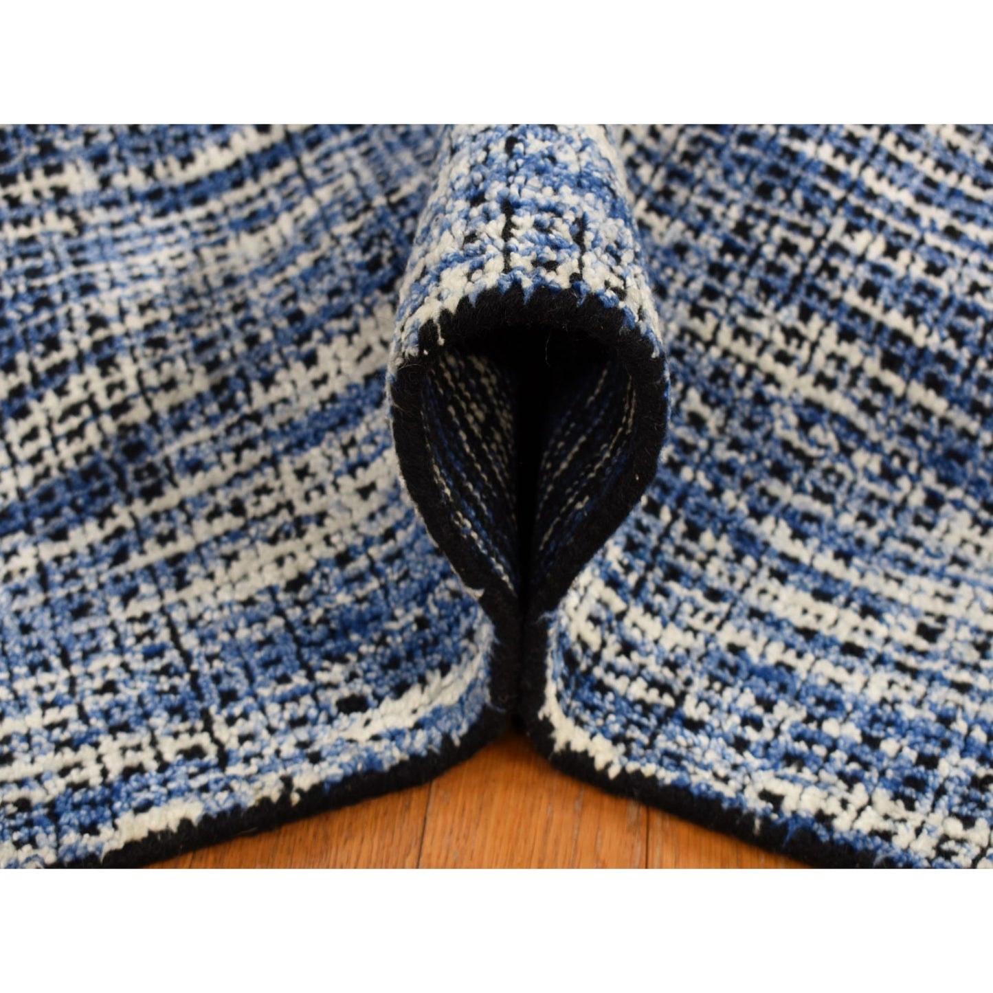 9'2"X12' Steel Blue Modern Fence Design Wool And Art Silk Hand Loomed Rug