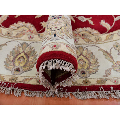 8'X8' Red Rajasthan Leaf Design Wool Silk Pile Hand Knotted Round Rug