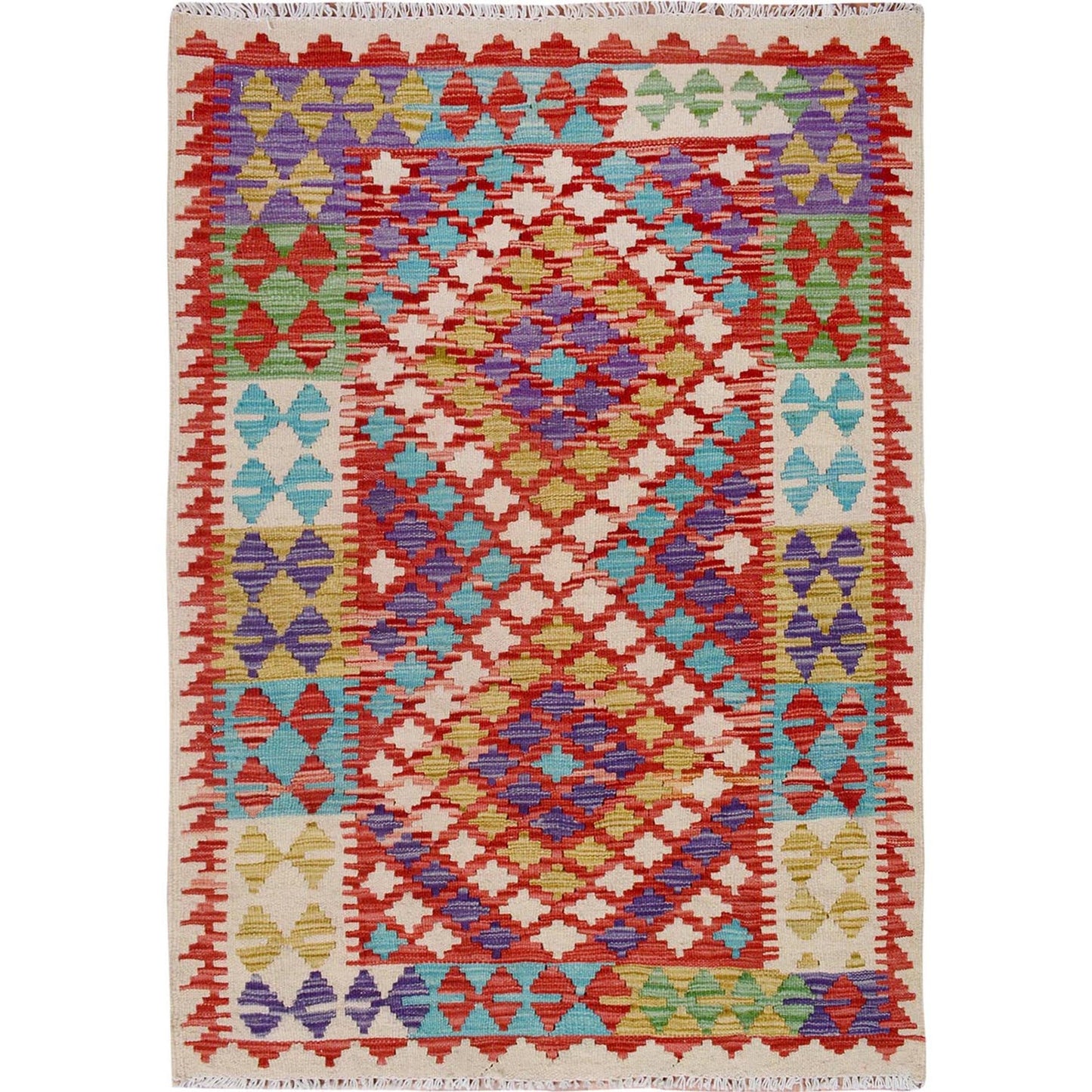 2'10"X4'2" Colorful Flat Weave Afghan Kilim Pure Wool Hand Woven Rug
