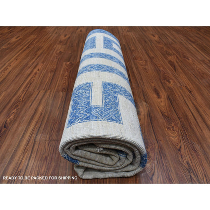 7'10"X9'9" Blue Wool Maze Design With Berber Influence Hand Knotted Rug