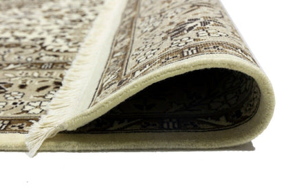 Hand-Knotted Kirman Square Rug Cream Floral Wool