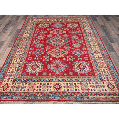 5'X6'4" Scarlet Red Kazak With Geometric Design Hand Knotted Pure Wool Rug
