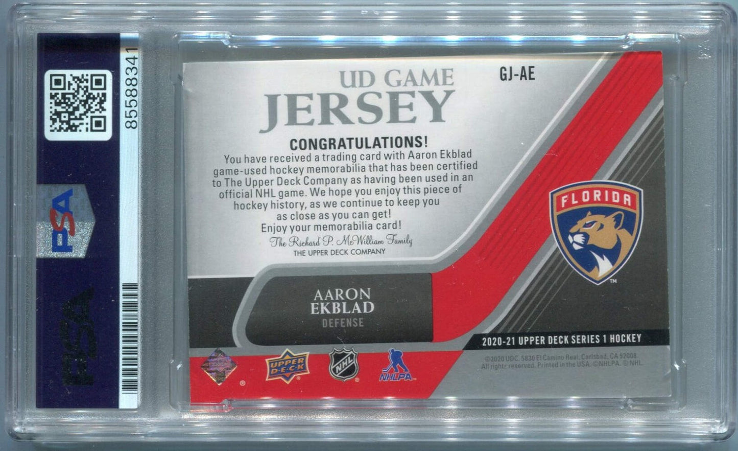 Aaron Ekblad Autographed 2020 - 2021 Upper Deck Ud Game Jersey Card #Gj-Ae Psa/D
