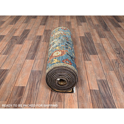 2'7"X14'7" Blue Northwest Zoroastrian Design Wool Hand Knotted Runner Rug