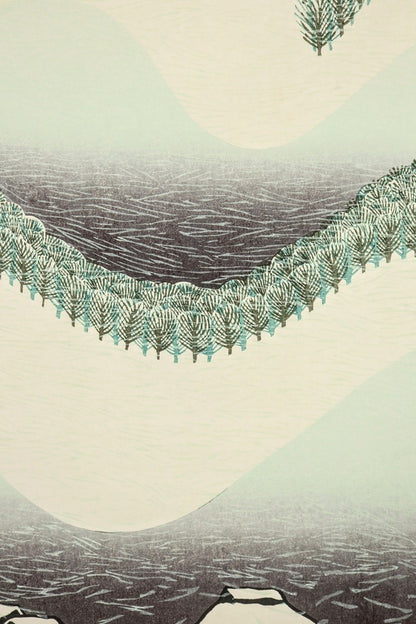 Munenori Makino Woodblock Print "Snowy Mountain Light" 1981 A.P Signed Japan