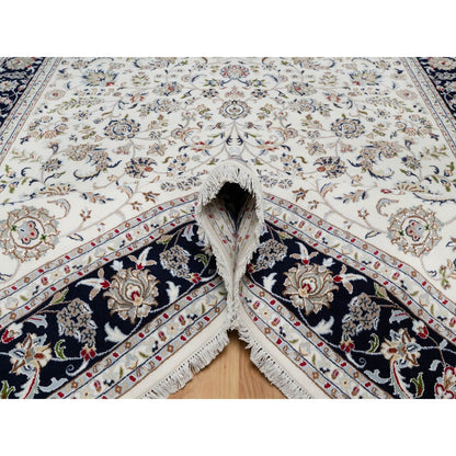 7'10"X10' White Hand Knotted Nain With Flower Design Wool And Silk Rug