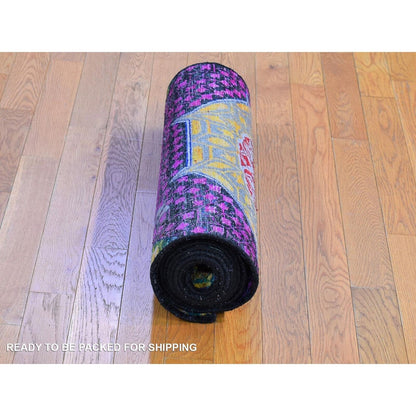 2'6"X10'4" Sari Silk With Textured Wool Mamluk Design Handmade Runner Rug