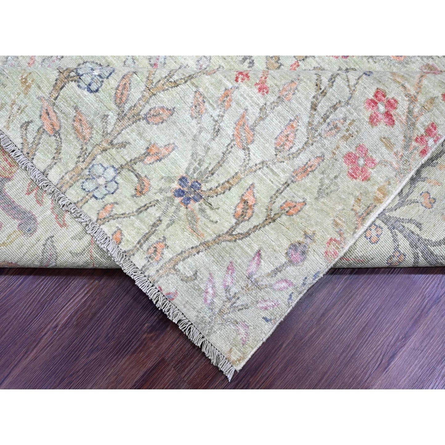 8'X8' Swamp Green Hand Knotted Peshawar Birds Design Soft Wool Square Rug