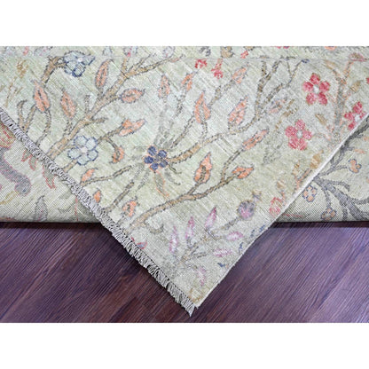 8'X8' Swamp Green Hand Knotted Peshawar Birds Design Soft Wool Square Rug