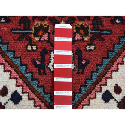 3'5"X5'1" Red New Zoroastrian Khamadan Design Pure Wool Hand Knotted Rug