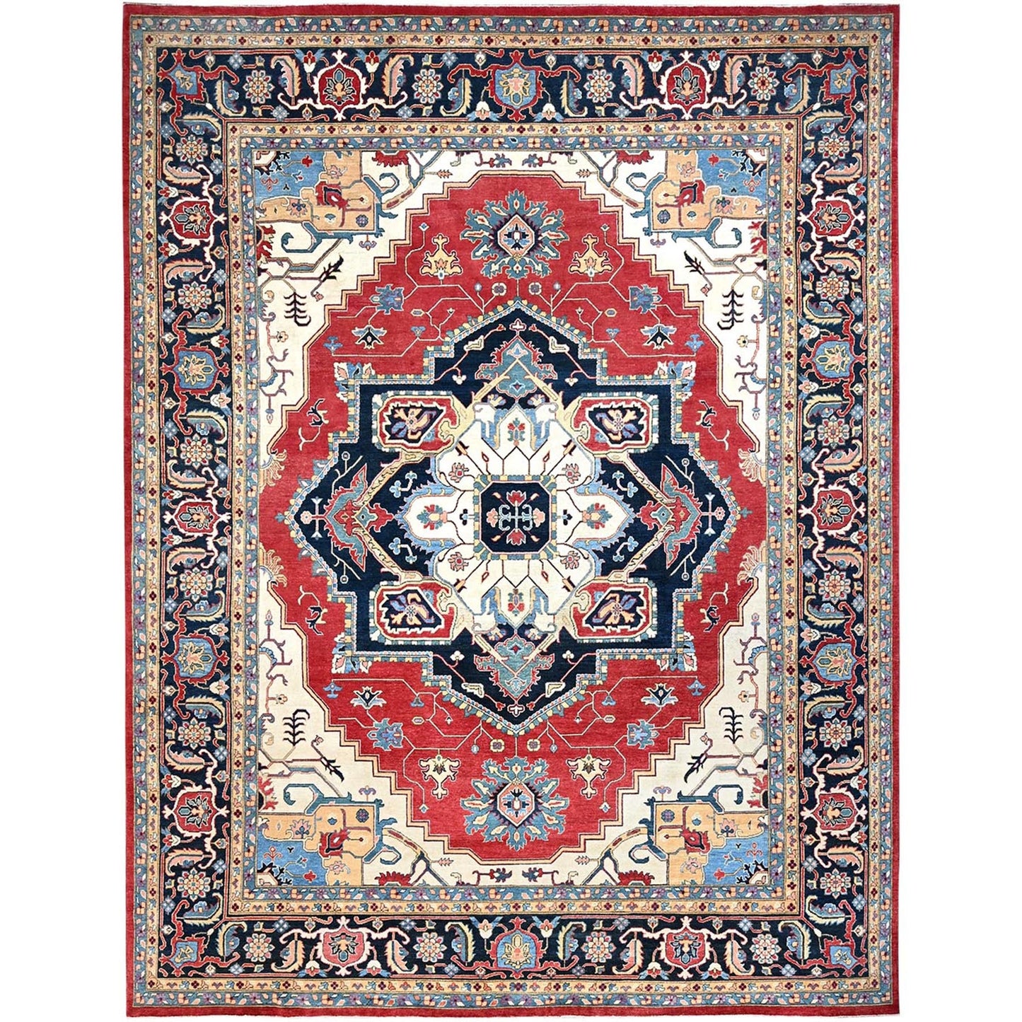 12'1"X15'9" Red Hand Knotted Wool Heris Seeripe Geometric Oversized Rug