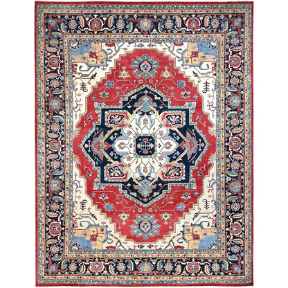 12'1"X15'9" Red Hand Knotted Wool Heris Seeripe Geometric Oversized Rug
