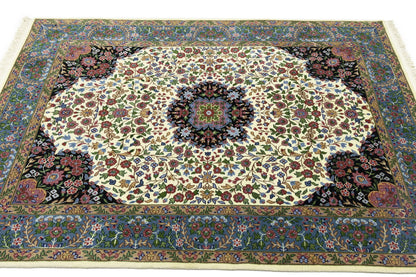 Handmade Kirman Oriental Rug Cream & Blue Floral