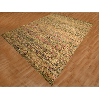 9'X12'3" Brown Sari Silk And Wool Geometric Design Hand Knotted Rug