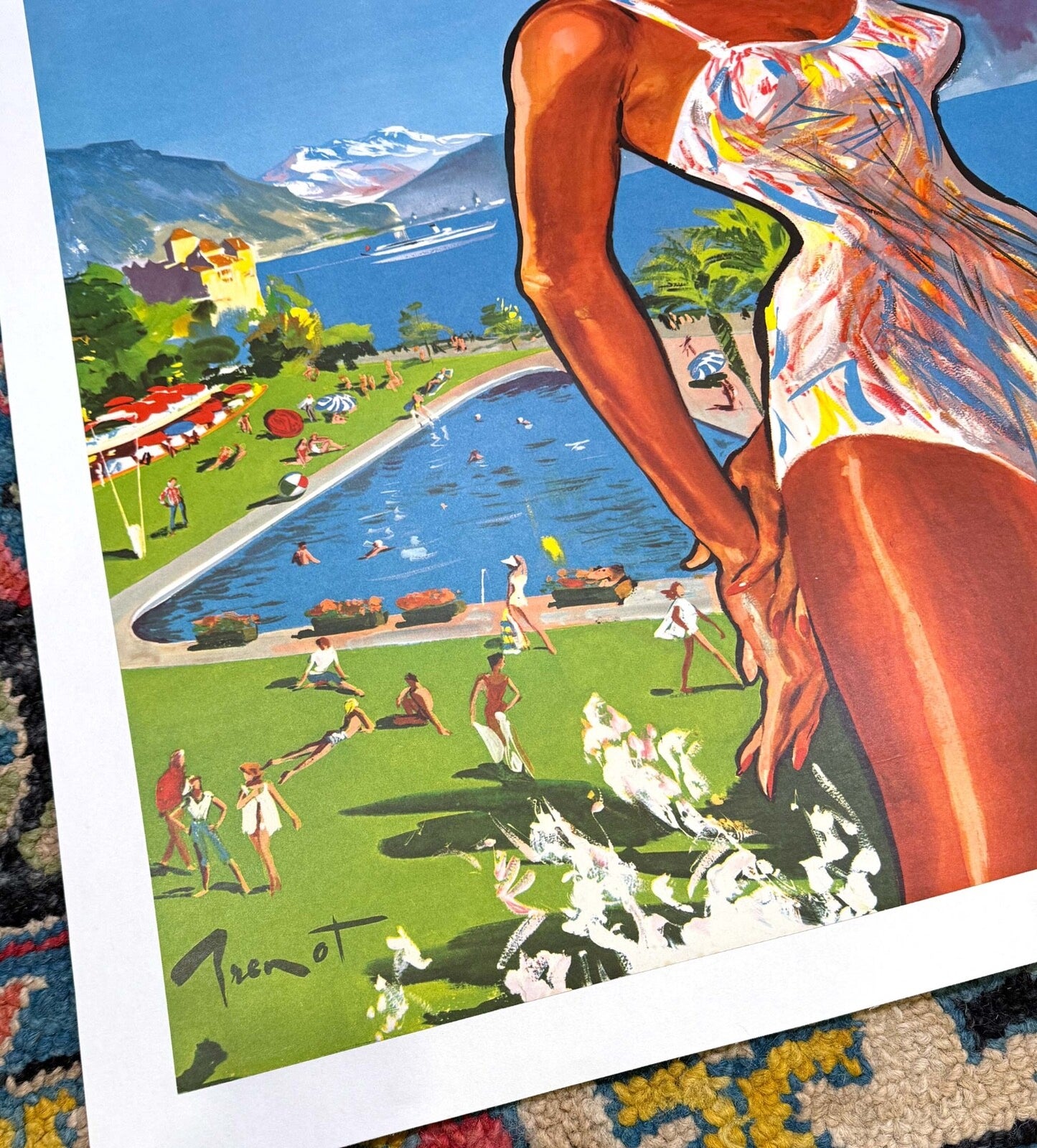 Swiss Travel Poster Montreux By Pierre Brenot C1950 View Mont Blanc Lake Geneva