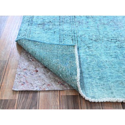 3'1"X5'1" Blue Overdyed Vintage Zoroastrian Tebraz Hand Knotted Wool Rug