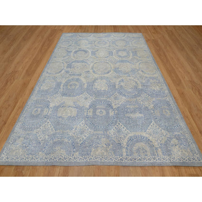 9'X11'9" Ivory-Blue Pure Natural Linen Mamluk Design Hand Knotted Rug