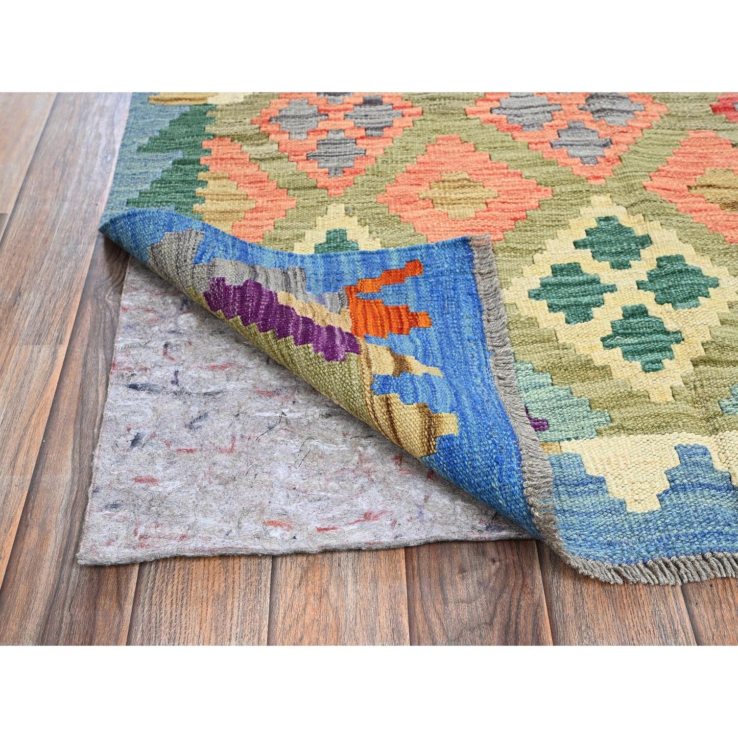 3'6"X4'10" Green Flat Weave Afghan Kilim Pure Wool Hand Woven Oriental Rug