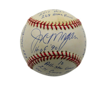 Joe Morgan Hof Reds Signed/Inscribed Oml Stat Baseball Reggie Jackson Coa 198560