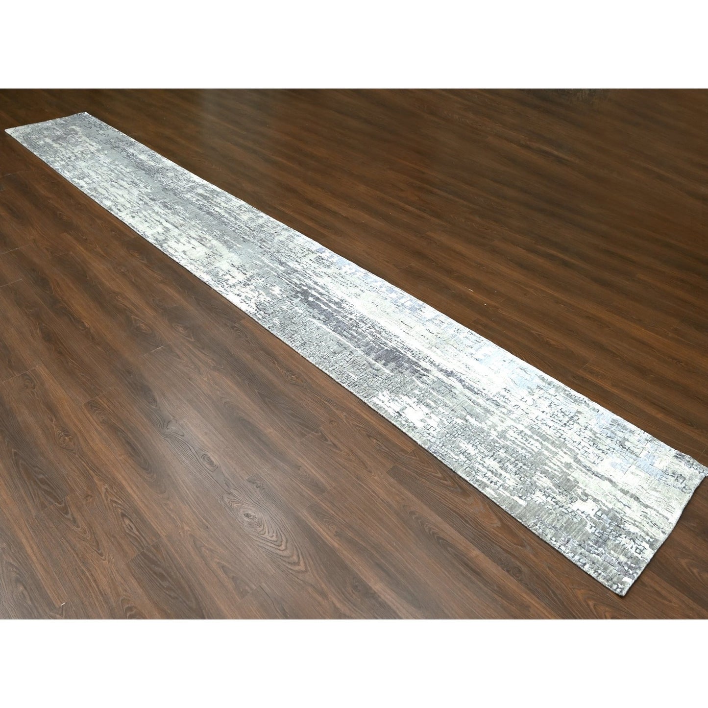 2'9"X19'9" Gray Abstract Design Wool And Silk Hand Knotted Xl Runner Rug