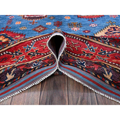 6'3"X9'1" Blue Afghan Caucasian Design Revival Hand Knotted Soft Wool Rug