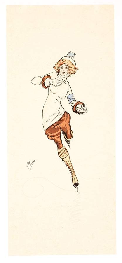 Lady Skater Aquarelle Circa 1910 With Fashionable Lady By Plum