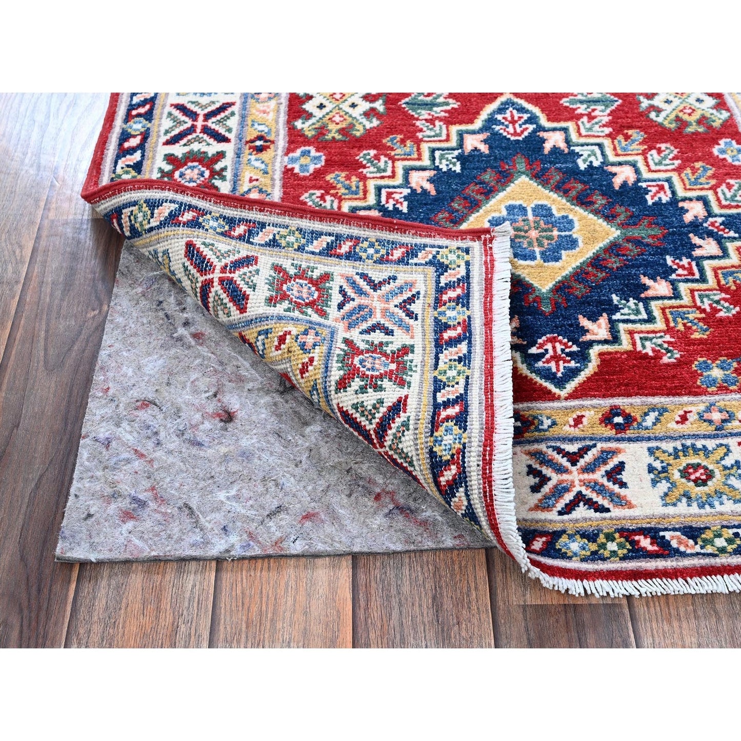 2'9"X9'8" Red Kazak With Geometric Design Soft Wool Hand Knotted Runner Rug