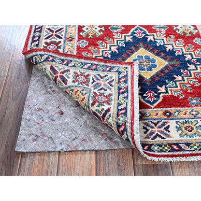 2'9"X9'8" Red Kazak With Geometric Design Soft Wool Hand Knotted Runner Rug