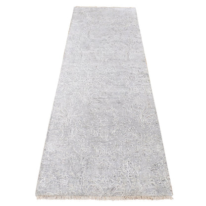 2'5"X7'9" Gray Hand Knotted Tone On Tone Design Wool And Silk Runner Rug
