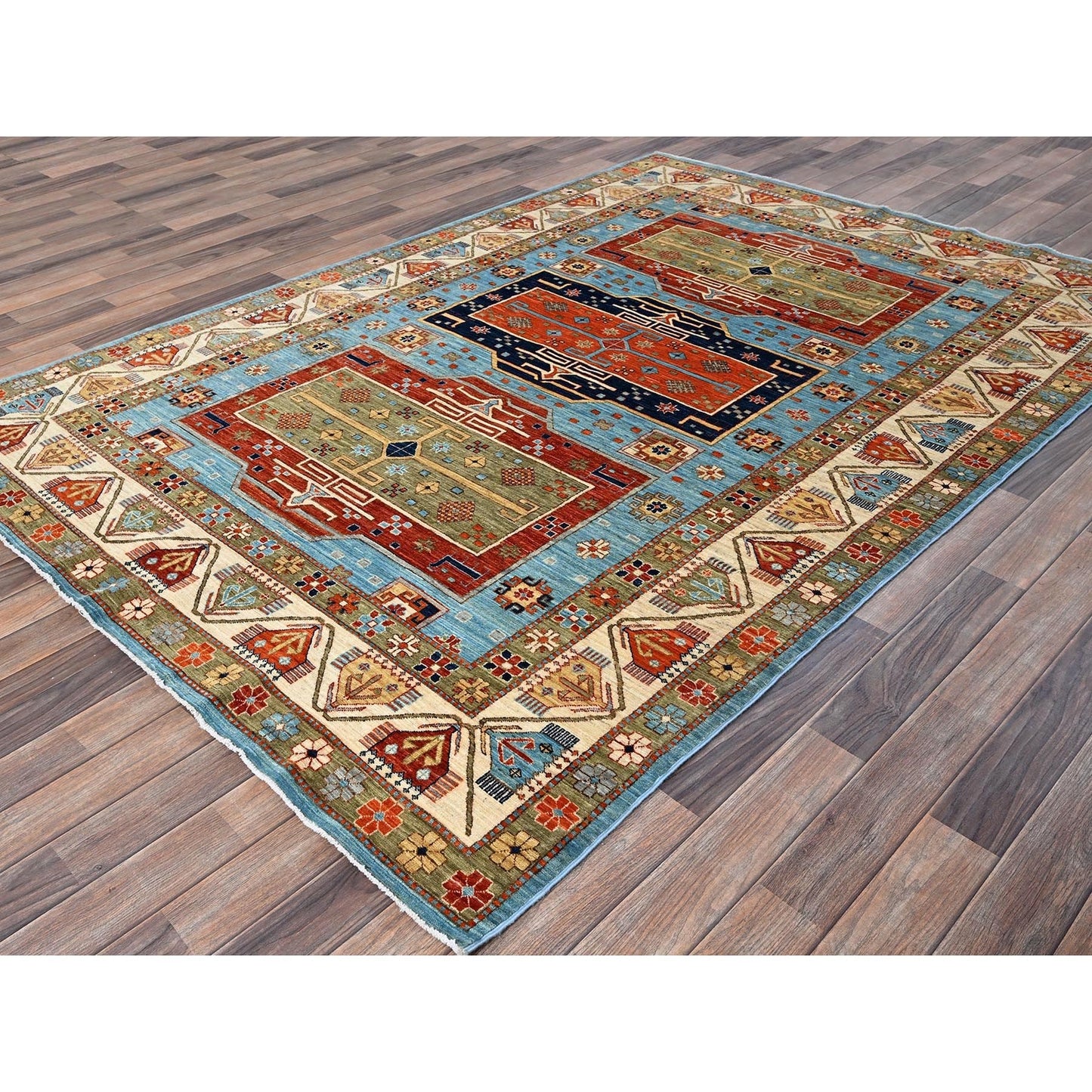 6'X8'6" Maya Blue Armenian Inspired Caucasian Design Wool Hand Knotted Rug