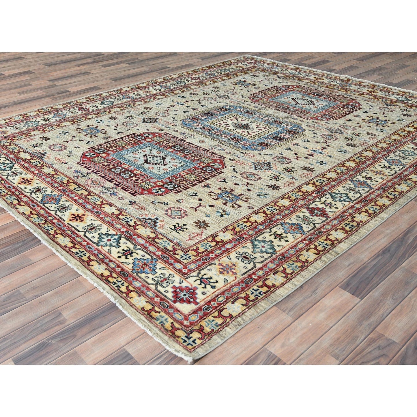 8'X9'6" Cream Afghan Super Kazak Soft Wool Hand Knotted Oriental Rug
