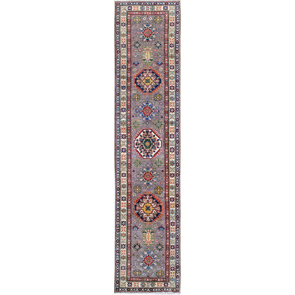 2'9"X12'6" Dove Gray Kazak With Tribal Design Hand Knotted Wool Runner Rug
