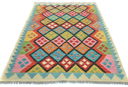 4X6 Ft Kilim Oriental Rug Multicolor Geometric
