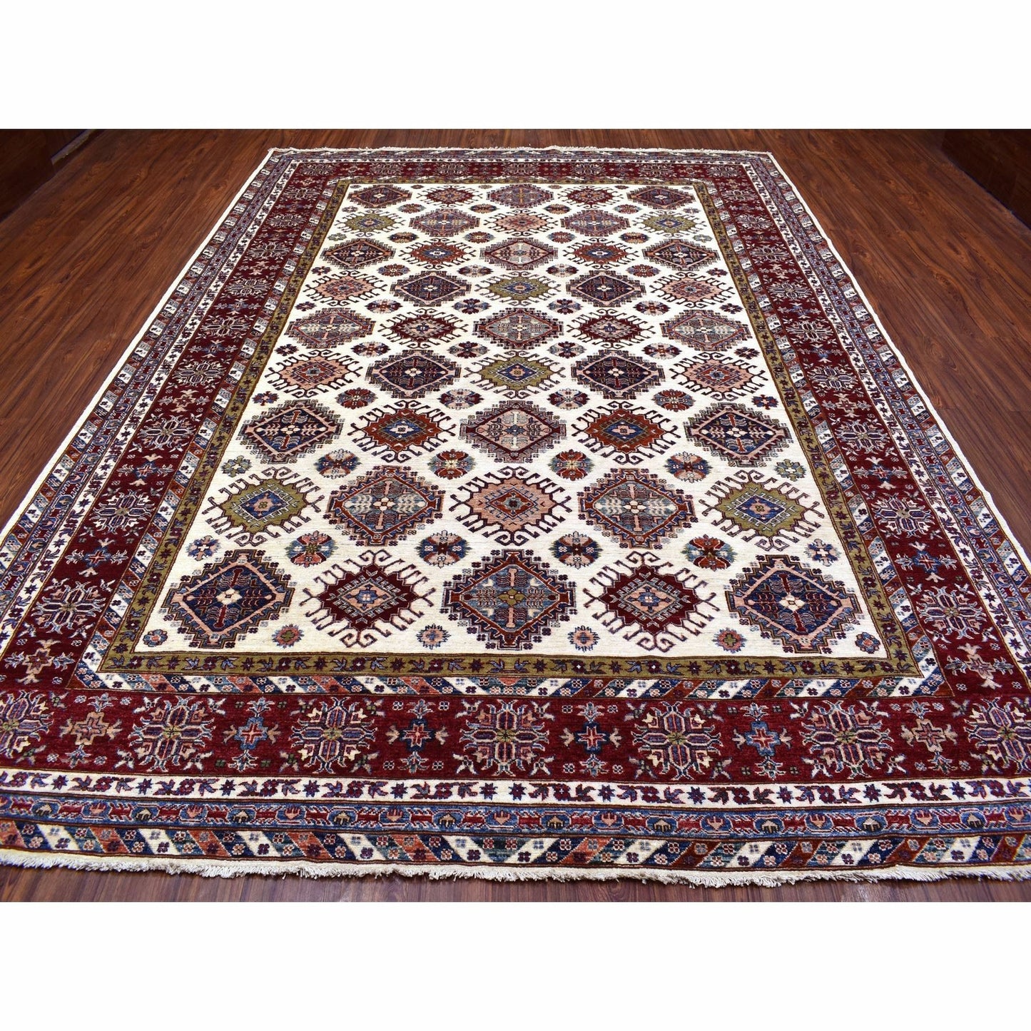 9'1"X12'4" Ivory Super Kazak Repetitive Medallions Wool Hand Knotted Rug