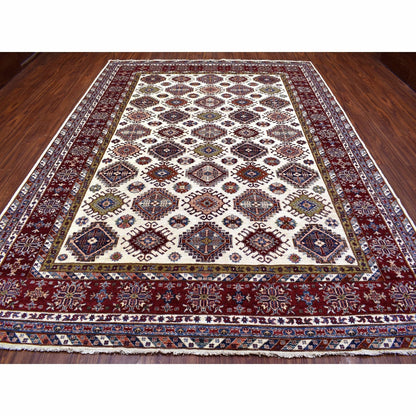 9'1"X12'4" Ivory Super Kazak Repetitive Medallions Wool Hand Knotted Rug
