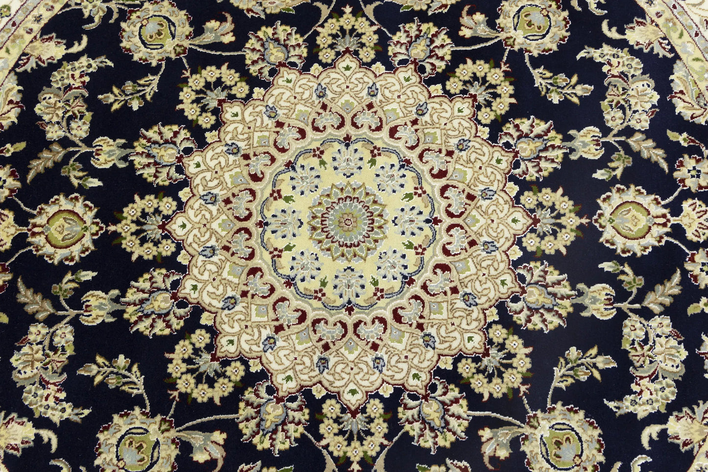 7X7 ft Round Indo-Nain Oriental Rug Handmade Dark Navy Floral Classic Carpet