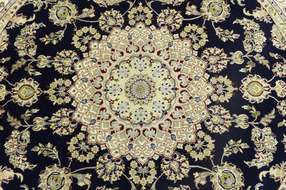 7X7 ft Round Indo-Nain Oriental Rug Handmade Dark Navy Floral Classic Carpet