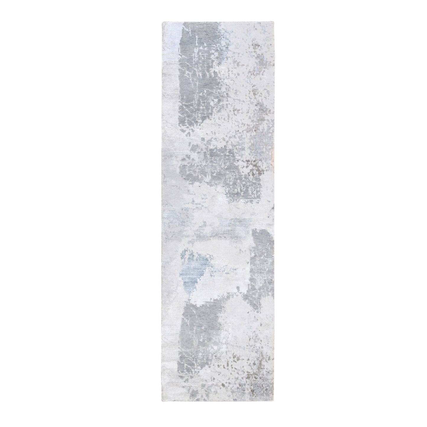 2'9"X10' Gray Modern Wool And Silk Hand Knotted Oriental Runner Rug