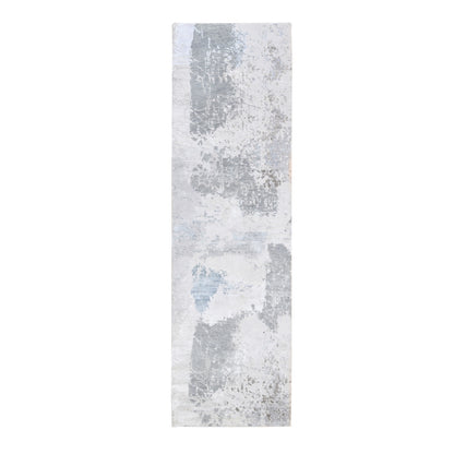 2'9"X10' Gray Modern Wool And Silk Hand Knotted Oriental Runner Rug