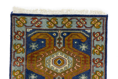 Navy Blue Geometric Tribal Kazak Rug Wool