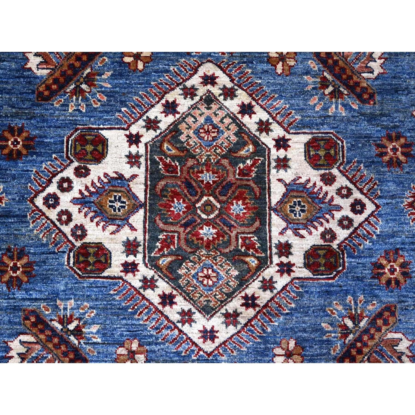 7'10"x10' Busty Blue Hand Knotted Wool Super Kazak Large Medallions Rug